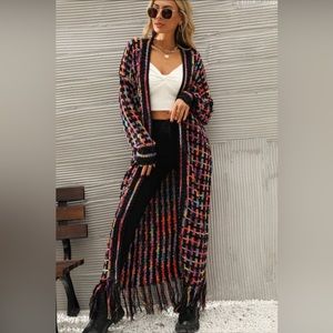 Multicolored Open Front Fringe Hem Cardigan